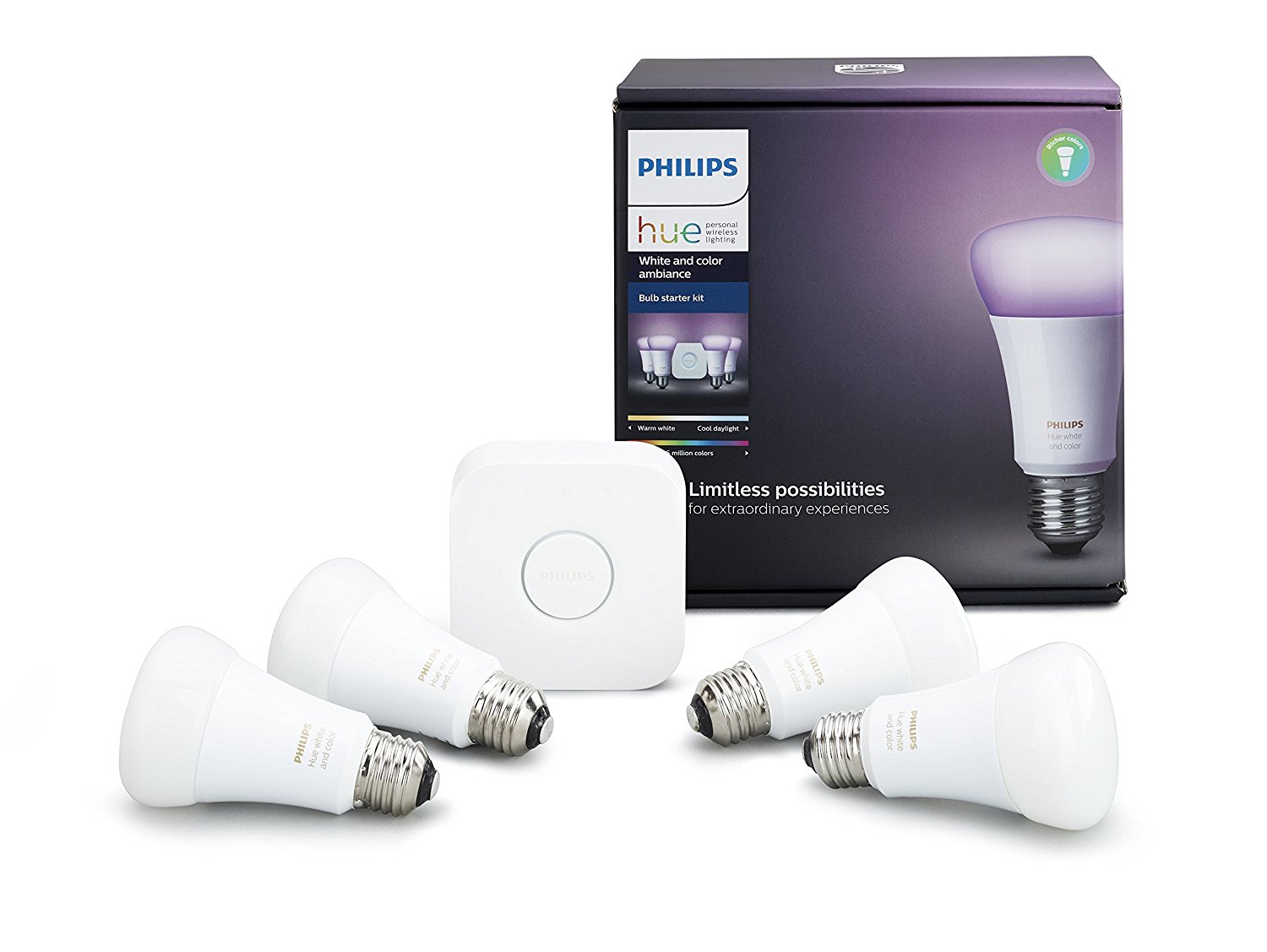 Philips Hue White Colour Ambiance A19 4 Pack Starter Kit